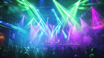 Poster - High-energy nightclub scene with spotlights in green, blue, and violet glowing over a dance floor, evoking a lively and dynamic atmosphere