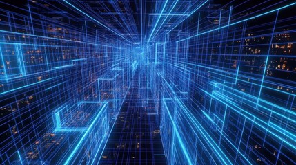Poster - Futuristic Digital Cityscape with Neon Blue Lines and Lights