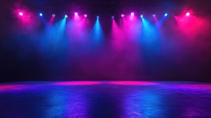Poster - Multicolor stage design with bright dynamic lights and a glossy surface, perfect for creating a modern, high-energy setting with space for text or graphics