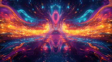 Poster - Multicolor stage design with bright dynamic lights and a glossy surface, perfect for creating a modern, high-energy setting with space for text or graphics