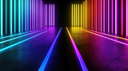 Poster - Neon lights glowing in a 3D rendered dark space, creating a high-tech, futuristic atmosphere with deep shadows and vibrant neon colors