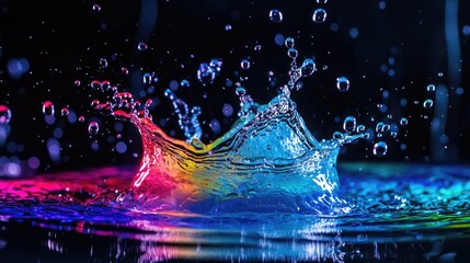 Poster - Neon-colored water splash with droplets suspended in the air, creating intricate patterns and designs against a deep, dark background, full of energy and movement