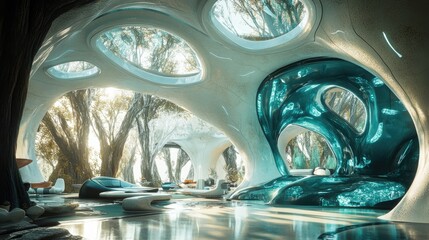 Poster - Turquoise-toned futuristic space with organic design elements and textured walls, illuminated by light that casts natural tree shadows
