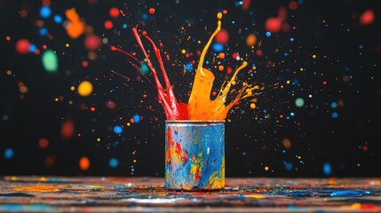 Poster - Vibrant paint splatters in dynamic colors bursting from a small can, creating an energetic and creative visual on a black background