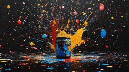 Wall Mural - Vibrant paint splatters in dynamic colors bursting from a small can, creating an energetic and creative visual on a black background