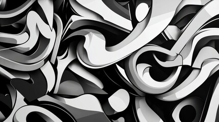 Poster - Abstract Black and White Swirls with Curved Shapes and Shadows