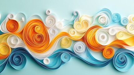 Poster - Vibrant paper quilling waves in orange, yellow, and white spirals on a soft blue background, creating a visually striking and creative design element