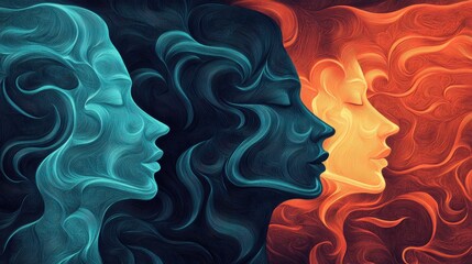 Poster - abstract art of three female silhouettes in flowing colorful hair