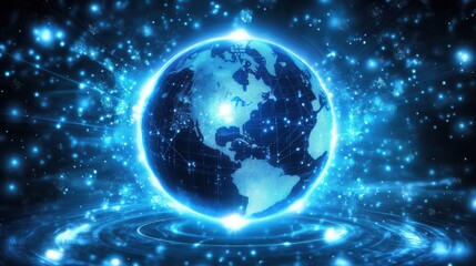 Poster - glowing earth with digital elements and blue cosmic background