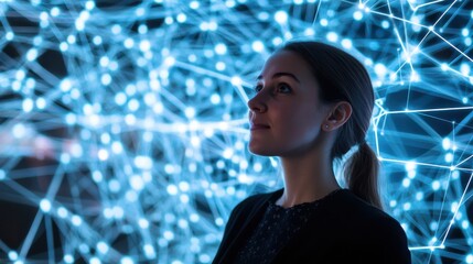 Poster - Woman Contemplating Technology with Glowing Network Background