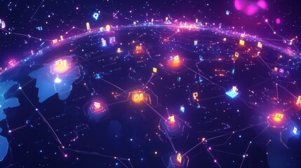 Poster - Abstract Digital Network Visualization with Global Connections at Night