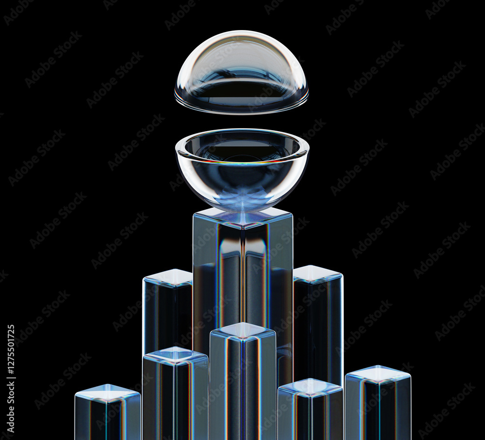 3d abstract glass square pillars with hemispheres on tech black ...
