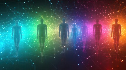 Aufkleber - abstract digital silhouettes walking through a colorful network space