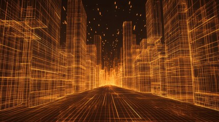 Poster - Futuristic Cityscape with Glowing Lines and Digital Network