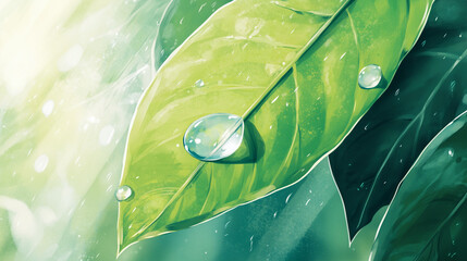 Wall Mural - An illustration of a single raindrop on a leaf, with a focus on the droplet