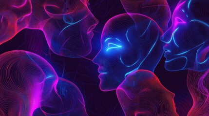 Poster - abstract 3d faces with neon colors on dark background