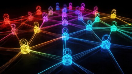 Poster - Colorful Neon Network of Connected Locks on a Dark Background