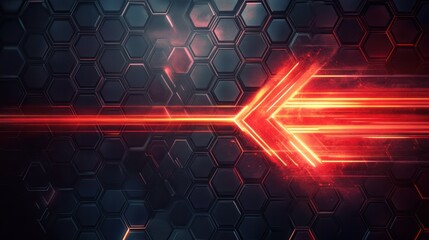 Poster - abstract hexagonal background with neon red arrow and light effects