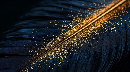 Poster - Close-up of a black feather with golden sparkles, dark background, art and design concept