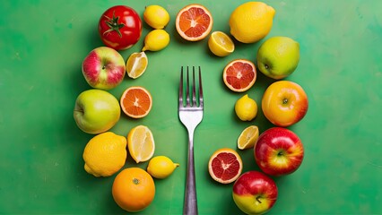 Wall Mural - Vibrant circular arrangement of citrus fruits and vegetables surrounding a silver fork on a textured green background with colorful apples and tomatoes.