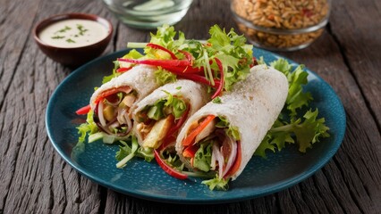 Wall Mural - Colorful salad rolls filled with fresh vegetables, garnished with red chili slices, served on a blue plate with a side of dressing on a rustic table.