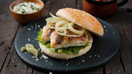 Canvas Print - Bun with Matjes fish topped with onions on a rustic black plate, garnished with fresh lettuce and salt flakes, with a bowl of sauce in the background.