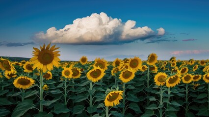 Sunflower field in full bloom with vibrant yellow flowers against a bright blue sky featuring a large fluffy white cloud in the background.