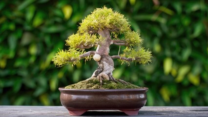 Wall Mural - Bonsai tree with lush green foliage in a brown ceramic pot set against a blurred vibrant green background creating a tranquil atmosphere