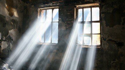 Wall Mural - Broken windows in an abandoned building letting in dramatic beams of light, casting shadows on its crumbling interior.