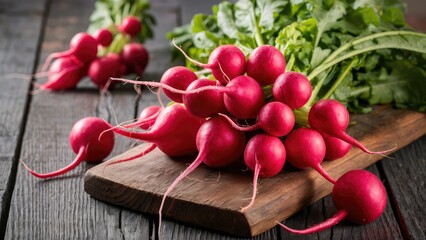 Sticker - Vibrant red radishes arranged on a rustic wooden board with green leaves in the background, creating a fresh and natural farm-to-table vibe.