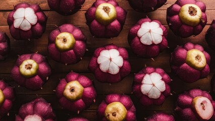 Wall Mural - A vibrant collection of mangosteens in deep purple and green arranged on a wooden surface highlighting their unique textures and shapes