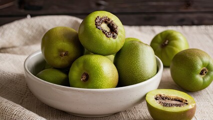 Sticker - Fresh feijoa fruits arranged in a white ceramic bowl on a textured beige cloth with dark wood background highlighting their vibrant green colors.