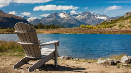 Lone gray Adirondack chair positioned by tranquil blue lake with majestic snow-capped mountains in background under a bright sky with fluffy clouds