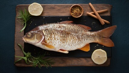 Wall Mural - Freshly seasoned carp fish lies on a black slate board surrounded by lemon slices, spices in a bowl, and herbs on a wooden surface.