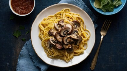 Wall Mural - Creamy mushroom spaghetti on a white plate with yellow noodles, styled on a rustic table with a blue cloth, dark background, and green garnish.