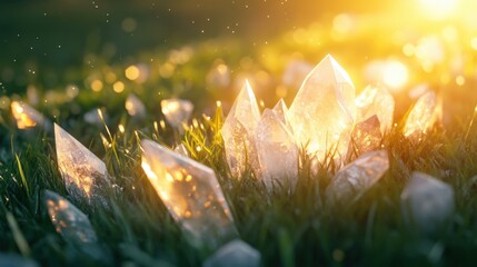 Canvas Print - Crystals glowing gently on lush grass, kissed by morning light, evoking a sense of tranquility and connection to nature