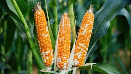 Sticker - Closeup of three bright orange corn ears with yellow and white kernels, surrounded by lush green leaves, captured in natural sunlight.