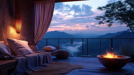 Wall Mural - Elevated balcony scene with a bench draped in cozy blankets, fire bowl aglow, and sweeping views of serene hills