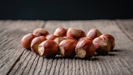 Sticker - Closeup of hazelnuts arranged on weathered wooden surface with selective focus against a dark backdrop creating ample copy space for text.