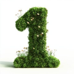 Sticker - Number 1 made of lush green moss with tiny blooming flowers isolated on a clean white background