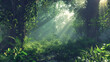 © yuan - Lush forest landscape, sunlight shining through the leaves of tall green trees, misty natural environment, suitable for environmental protection promotion, eco-tourism, forest protection, Arbor Day