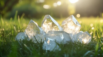 Poster - Glittering crystals arranged on fresh grass, with natural light enhancing their beauty in a tranquil, enchanting outdoor atmosphere