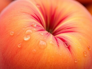 Close-up macro shot of a fresh peach fruit with glistening water drops, highlighting its juicy texture and vibrant color, peach, generative ai, vibrant