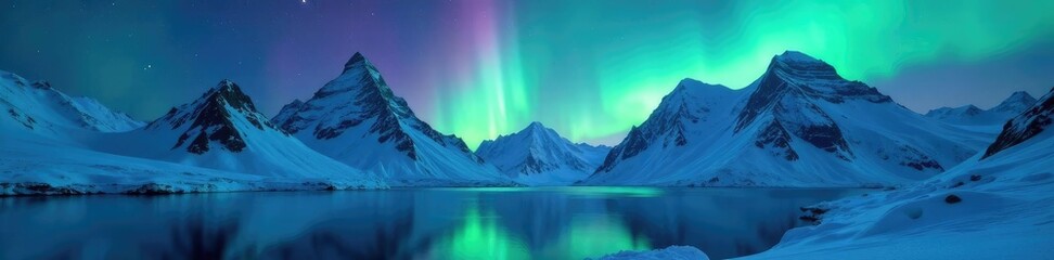  Icy mountain peaks bathed in an otherworldly radiance of aurora borealis, night, serene, icy