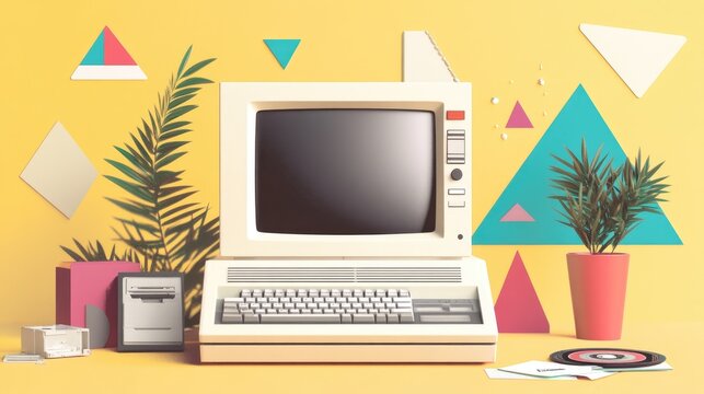 Retro 90s bold color blocks, geometric triangles, and squares, featuring an old-school computer and floppy disks.