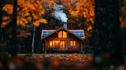 Wall Mural - Cozy Cabin in Autumn: A charming wooden cabin nestled amidst a vibrant autumn forest, its warm interior lights creating a welcoming glow as smoke gently rises from the chimney.