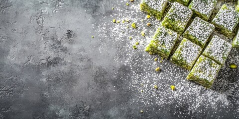 Aufkleber - Delicious green pistachio squares lightly dusted with powdered sugar arranged on a dark grey stone surface with scattered chopped pistachios.