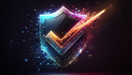 Poster - A vibrant shield graphic with a checkmark, symbolizing protection and verification, illuminated by colorful sparks against a dark background.