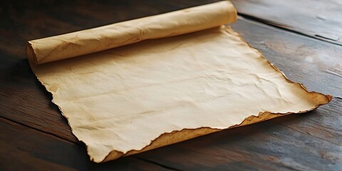 Aufkleber - Vintage aged parchment paper scroll on a rustic wooden table with a warm brown color palette featuring curled edges and a textured surface.