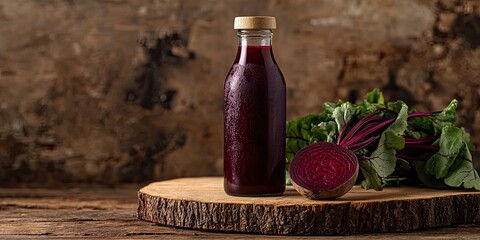 Aufkleber - Bottle of beetroot juice on a wooden round slice with fresh beetroots and greens, brown textured background highlighting vibrant purple tones